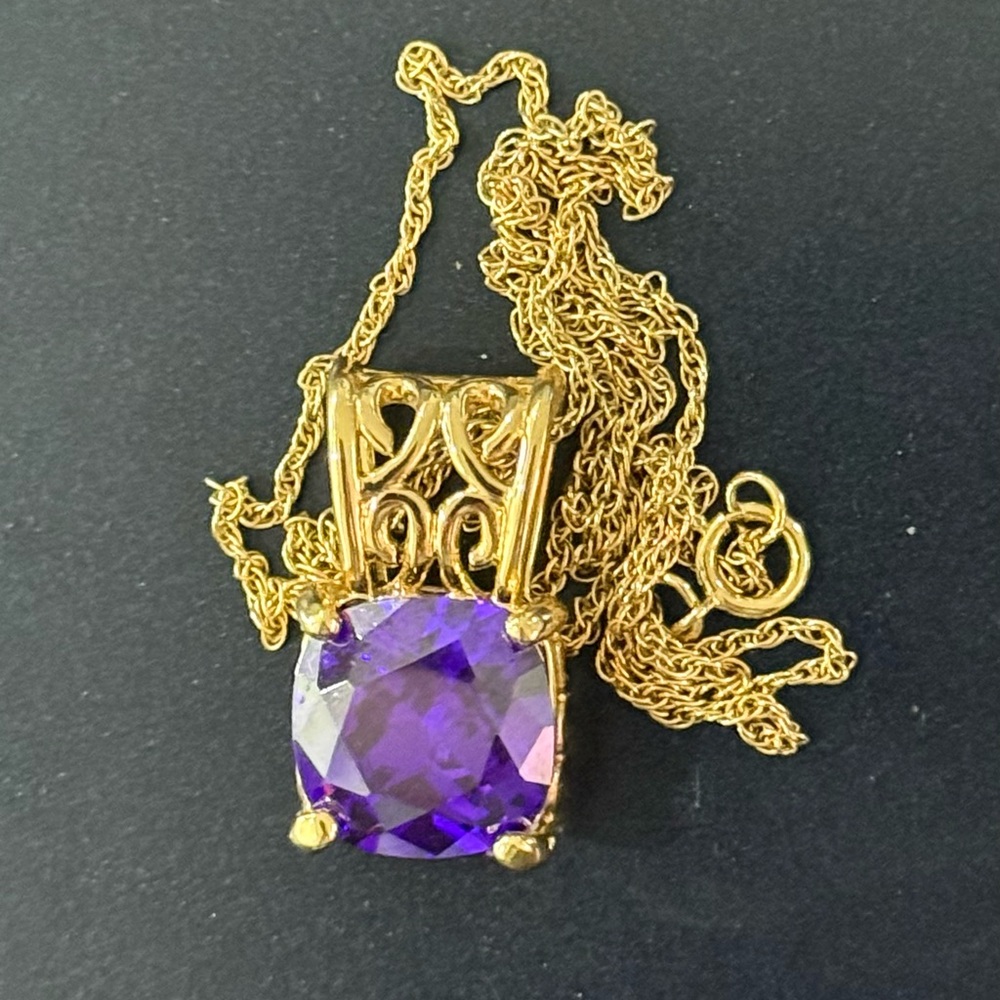 #626P Vintage Cushion Cut Amethyst Necklace,925 Silver w Yellow Gold Overlay